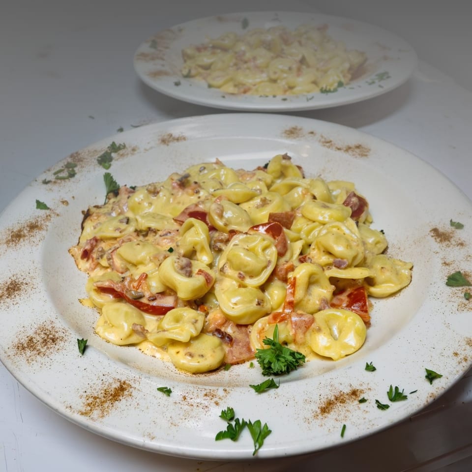 Two plates of tortellini pasta with creamy sauce, red peppers, and parsley garnish.
