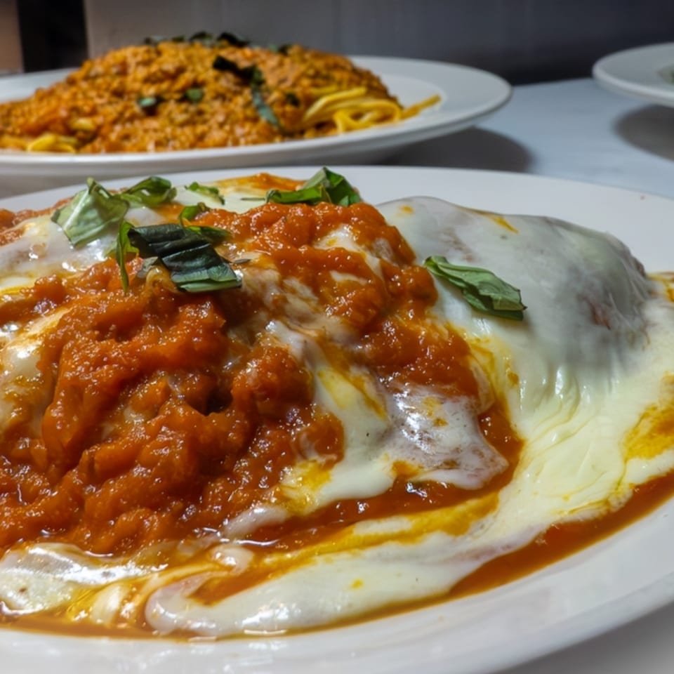 Close-up of baked pasta with melted cheese and red sauce, garnished with basil.