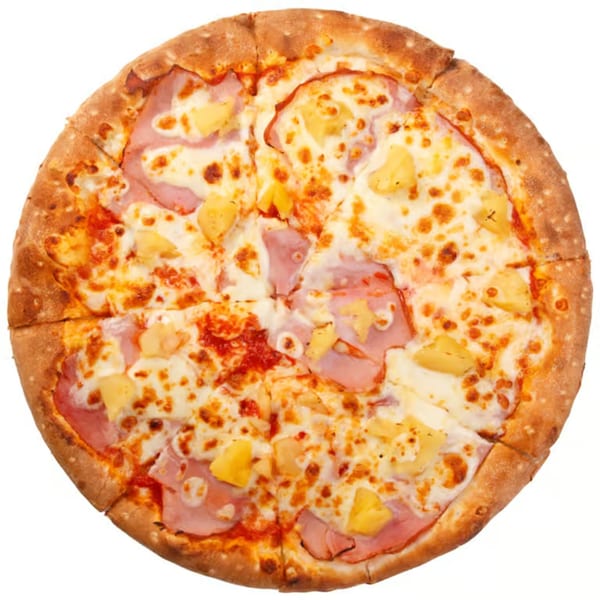 A whole Hawaiian pizza from Baci Trattoria & Pizza, topped with ham, pineapple, and melted cheese.
