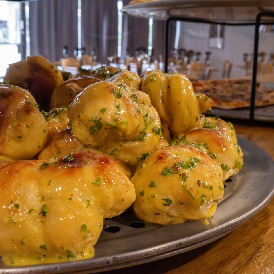 Close-up of golden garlic knots with herbs on a metal plate, with a blurred restaurant background.