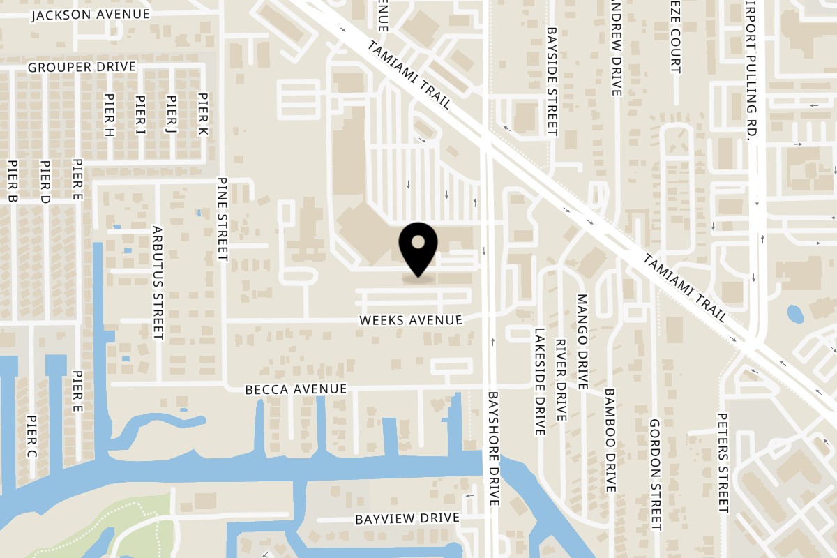 Map showing the location of Baci Trattoria & Pizza on 2740 Bayshore Dr in Naples